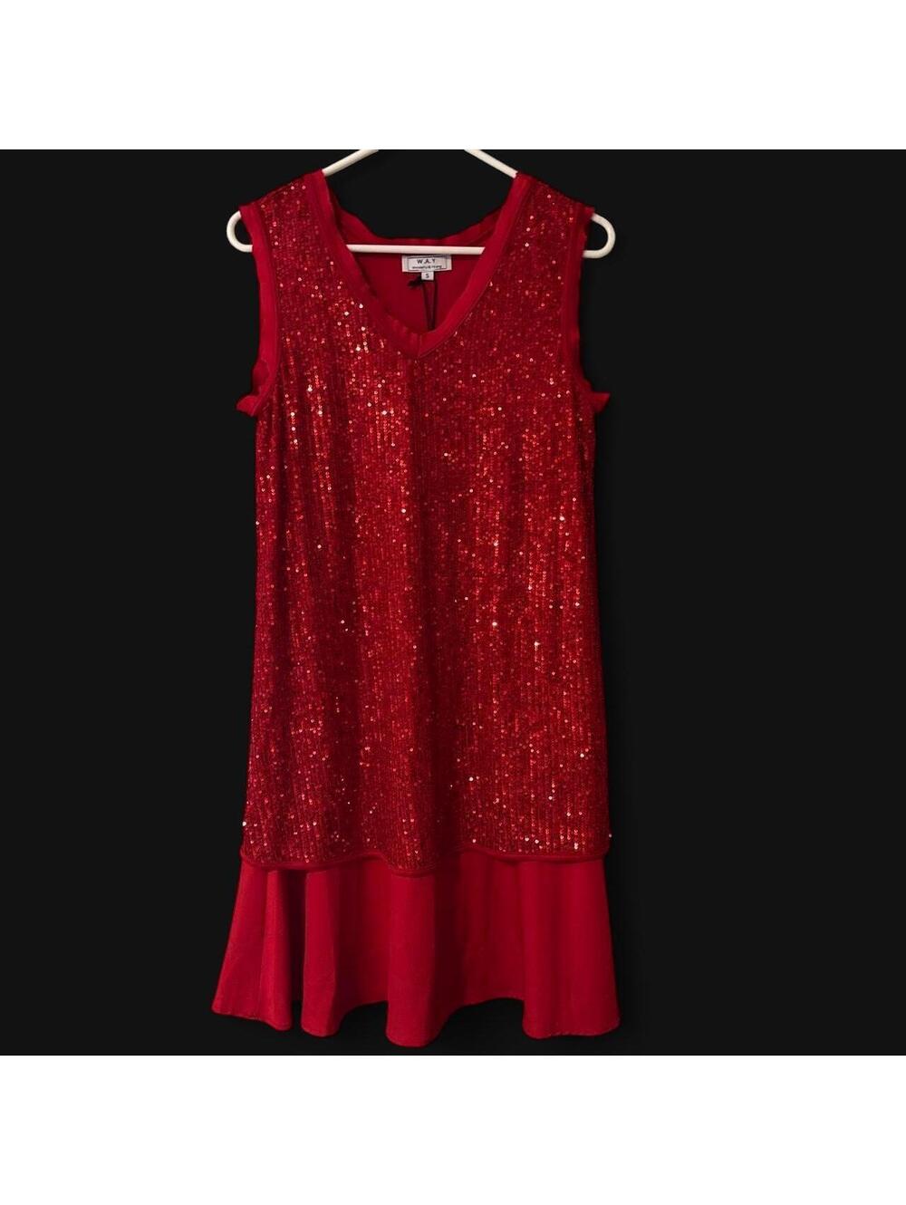 Wonderly W.A.Y Red Sequin Sleeveless Ruffle Hem Shift Dress Size S